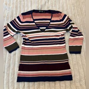 Striped V-Neck Pullover Sweater - Pink, Navy & Olive 7th ave xl